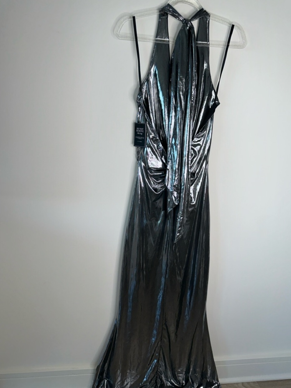 JLUXLABEL Metallic Silver Draped Halter Dress